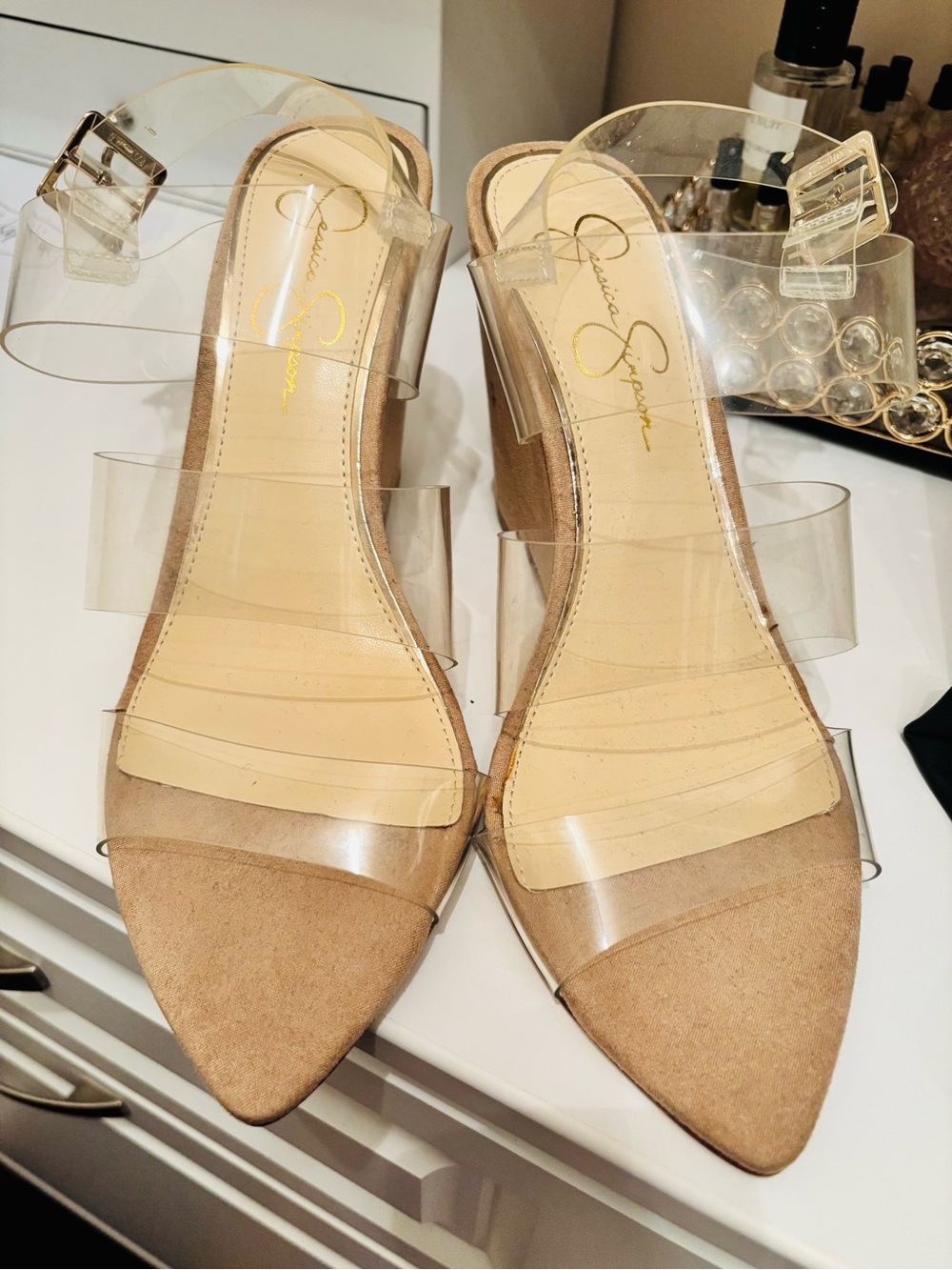 Jessica Simpson Clear-Strap Tan Suede Wedge Sandals - Picture 2 of 6